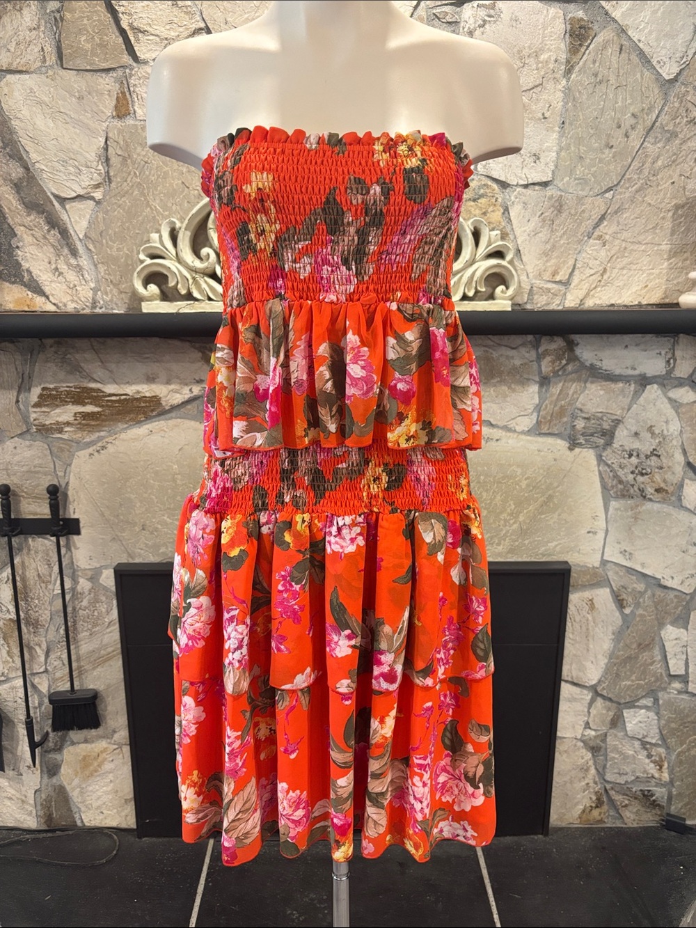 Strapless Orange Floral Ruffle Sun Dress